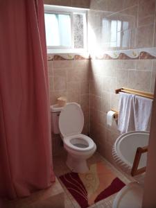 La salle de bains est pourvue de toilettes, d'un lavabo et d'une fenêtre. dans l'établissement Josies Cottage, à Beau Vallon
