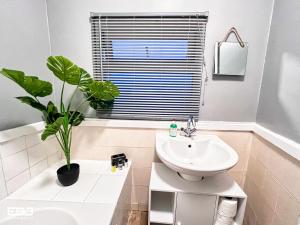 a white bathroom with a sink and a plant at Supersized 5bed house/Birmingham/Monthly discounts in Birmingham