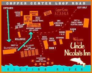 um mapa da estrada de loop do centro cibernético em Uncle Nicolai's Inn B&B em Copper Center