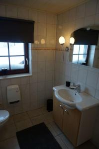 y baño con lavabo, aseo y espejo. en Le Walkoti - cosy cottage with 2 bedrooms, en Waimes