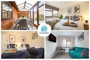 een collage van foto's van een slaapkamer en een woonkamer bij Two Bedroom Bungalow in Milton Keynes with SKY TV, Free WiFi & Parking by HP Accommodation in Milton Keynes