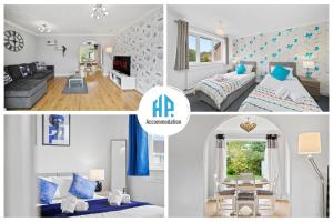 un collage de fotos de una sala de estar y un dormitorio en Three Bedroom Home Near Central Milton Keynes by HP Accommodation with Free Parking, WiFi & Sky TV, en Milton Keynes