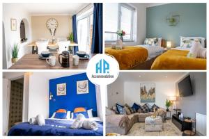 un collage di tre foto di una camera da letto di Four Bedroom, Four Bathroom Home in Milton Keynes by HP Accommodation a Milton Keynes