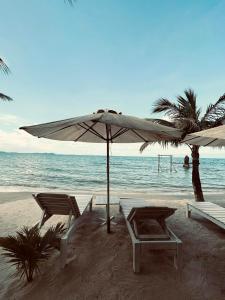zwei Stühle und ein Sonnenschirm am Strand in der Unterkunft Gold Coast Phu Quoc Beach Resort in Phu Quoc
