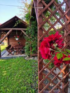 een houten hek met rode bloemen voor een huisje bij Chata pod Mogielicą in Zalesie
