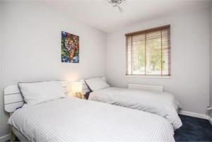 two beds in a white room with a window at Immaculate cosy flat next to Holyrood Park! in Edinburgh