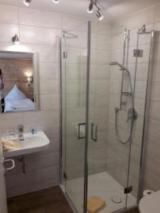 ein Bad mit einer Dusche, einem Waschbecken und einem WC in der Unterkunft Gasthof Ehrl in Essing