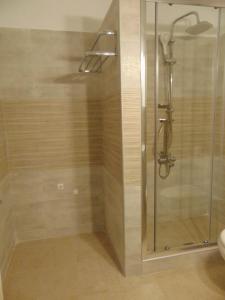 W łazience znajduje się prysznic ze szklanymi drzwiami. w obiekcie Villa Avra w mieście Dassia