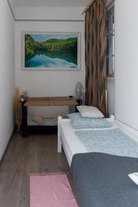 ein Schlafzimmer mit 2 Betten und einem Wandgemälde in der Unterkunft Wanderer 3 in Debrecen