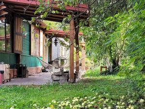 a porch of a house with a bench in the grass at Buglandia in Parośla