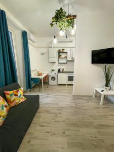 ein Wohnzimmer mit einem Sofa und einer Küche in der Unterkunft Dea Dreams APARTMENT Piazzale Lodi Wi-Fi Metro a 2 passi in Mailand