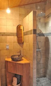 y baño con lavabo y ducha. en Chambre d'hôtes privative Au creux du nid, en Siaugues Ste Marie