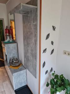 a room with a shower with a wall with butterfly decals at Haus am Waldesrand in Tanne