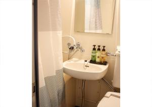 a bathroom with a sink and a toilet at Hotel Livemax BUDGET Kanazawa-Idaimae in Uchinada