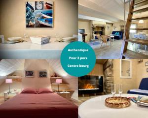 RoscanvelにあるAuthentique Penty au coeur du bourgのベッドとリビングルームのある部屋の写真のコラージュ
