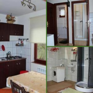 a collage of photos of a kitchen and bathroom at Chata z bali in Sucha Beskidzka