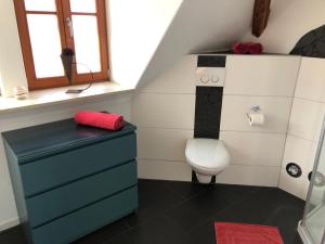 a small bathroom with a toilet and a sink at Fewo Pflaumi 1 in Gunzenhausen