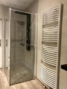 a shower with a glass door in a bathroom at Große Wohnküche, Terrasse, Schlafzimmer am Steinhuder Meer, WLAN, Parkplatz, Fußbodenheizung, 70qm in Wunstorf +24 photos