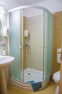 y baño con ducha y puerta de cristal. en Hotel Riga en Arad