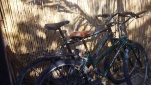 two bikes parked next to a wooden wall at מקום קטן בשלווה a little peaceful place in Arad