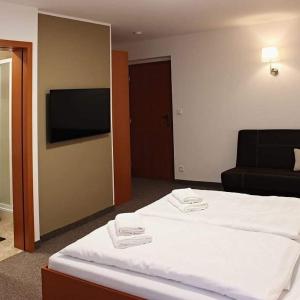 um quarto de hotel com uma cama e uma televisão de ecrã plano em Ubytování u Smrku em Jeneč