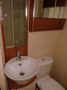 een badkamer met een wastafel, een toilet en een spiegel bij Chalet Zanderij nr. 16 op Chaletpark Bregkoog in De Koog