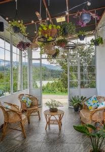 a screened in porch with chairs and potted plants at Gregory House Hostel in Nuwara Eliya