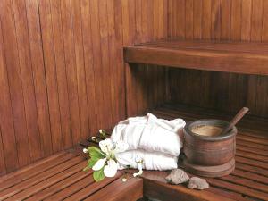 a group of towels and a bucket in a sauna at Solar De La Plaza in Salta
