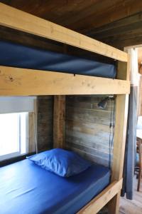 a bunk bed in a cabin with a blue pillow at Auberge/Chalet Griffon Aventure in L’Anse-au-Griffon