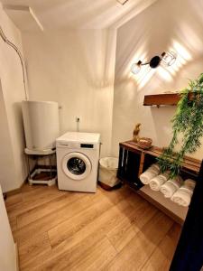 a bathroom with a washing machine in a room at Appartement l'Insolite in Vernet-les-Bains