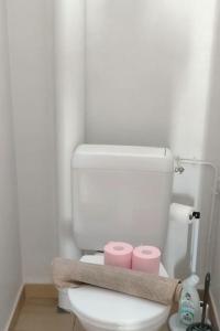 a bathroom with a toilet with two pink candles on it at Chez F&K in Elbeuf