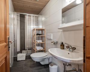 a bathroom with a white toilet and a sink at Zillertaler Hofchalets Schustererhof in Stumm +79 photos