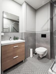 uma casa de banho com um WC, um lavatório e um espelho. em Stara Drukarnia - Apartamenty typu Studio em Bydgoszcz