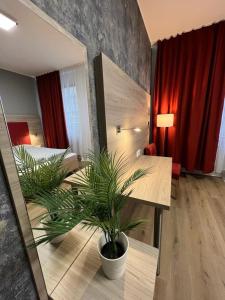 ein Hotelzimmer mit einem Schlafzimmer mit einem Tisch und einer Pflanze in der Unterkunft Black Sheep in Köln