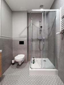 uma casa de banho com um chuveiro e um WC. em Stara Drukarnia - Apartamenty typu Studio em Bydgoszcz