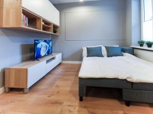 sypialnia z łóżkiem i telewizorem z płaskim ekranem w obiekcie Stara Drukarnia - Apartamenty typu Studio w Bydgoszczy