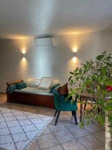 eine Couch in einem Wohnzimmer mit Pflanze in der Unterkunft Domaine des Tuilières avec Jacuzzi in Vallauris