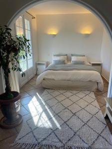 a bedroom with a large bed and a potted plant at Domaine des Tuilières avec Jacuzzi in Vallauris