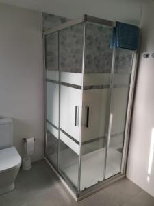 uma cabina de duche em vidro numa casa de banho com WC em Ático Primera Línea Parque de Elche em Benidorm