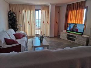 Una sala de estar con un sofá y un televisor de pantalla plana. en Ático Primera Línea Parque de Elche, en Benidorm