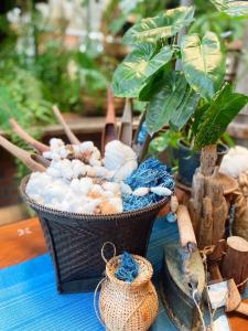 a basket of mushrooms on a table with a plant at Hug Sakhonnakhon Hotel in Sakon Nakhon