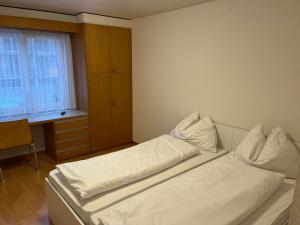 a small bedroom with two beds and a window at HoStel Self Check-In Solothurn in Zuchwil