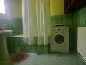 een badkamer met een wasmachine en een wastafel bij Apartament cu 3 camere in Bălan
