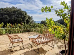 Montnegre的住宿－Mas Oms，花园内带两把椅子和一张桌子的庭院