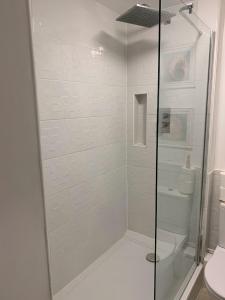 a shower with a glass door next to a toilet at The Albany Apartments in St Peter Port