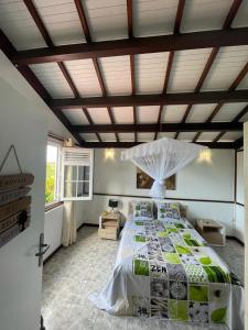 a bedroom with a large bed with a large ceiling at B&B Plage Des Raisiniers in La Trinit&eacute;