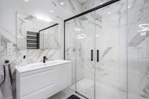 a bathroom with a sink and a glass shower at Heart of Budapest Luxury Apartment with Amazing View in Budapest