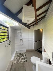 a bathroom with a shower and a toilet in it at B&B Plage Des Raisiniers in La Trinit&eacute;