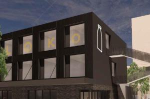 a rendering of a building with windows with the letterstk at the urban hotel Moloko - rooms only - unmanned - digital key by email in Enschede