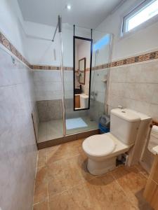 łazienka z toaletą i prysznicem w obiekcie La Villa Côtière w mieście Flic-en-Flac
